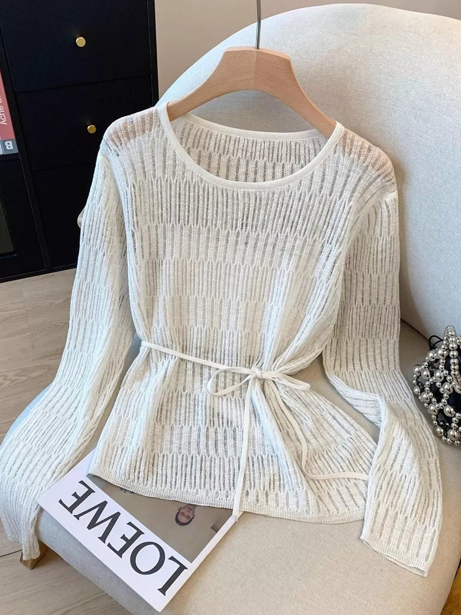 Long Sleeve Knit Top With Tie Detail in Beige