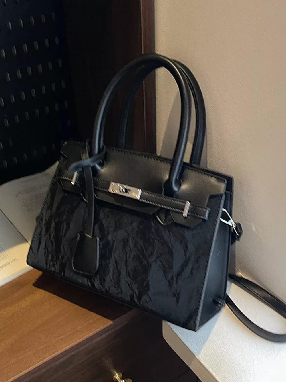 Black Textured Leather Top-handle Handbag