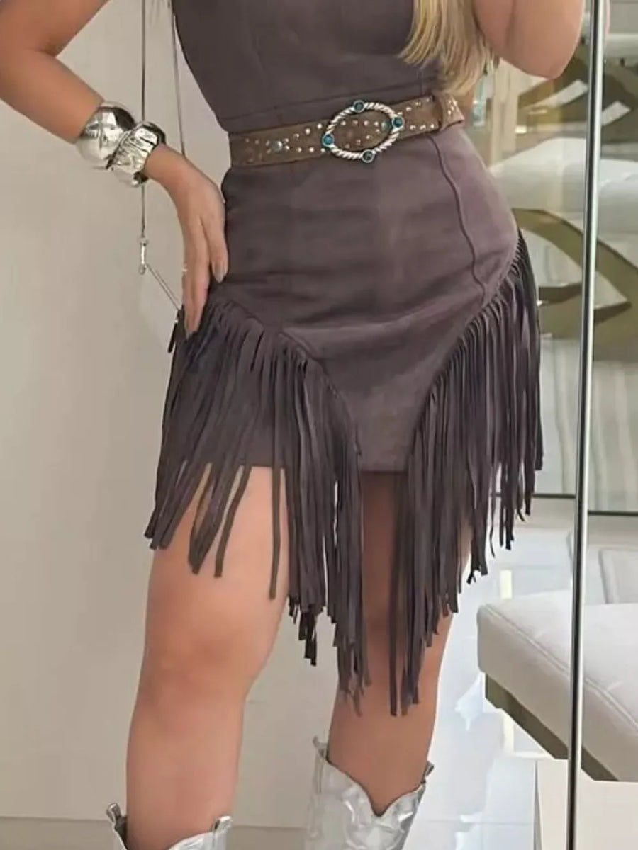 Brown cotton blend asymmetrical mini dress with fringe detail.
