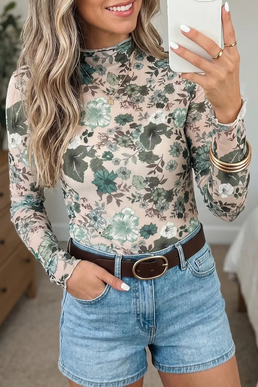 sage green blouse featuring mesh and floral