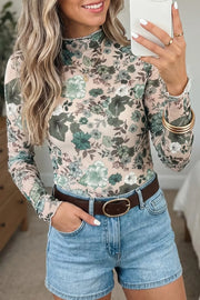 sage green blouse featuring mesh and floral
