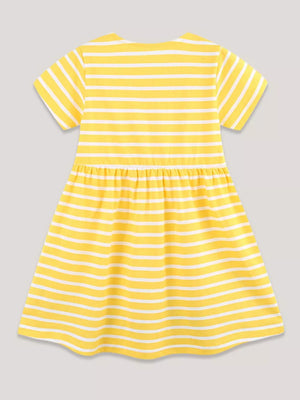 Yellow and white striped cotton baby dress with short sleeves and gathered waist