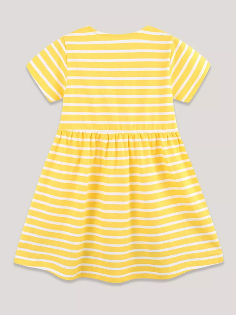 Yellow and white striped cotton baby dress with short sleeves and gathered waist