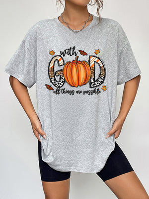 Grey graphic t-shirt with "with GOD all things are possible" text, pumpkin, and butterflies.