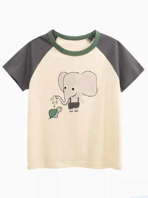 Kids cream t-shirt with grey raglan sleeves and elephant and turtle graphic.