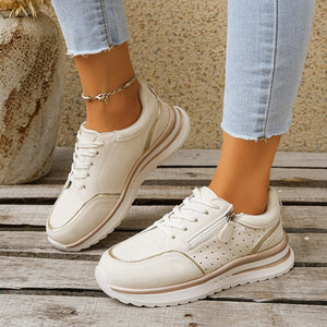 Fabric Chunky-Sole Round Toe Lace Up Sneakers in White with round toe