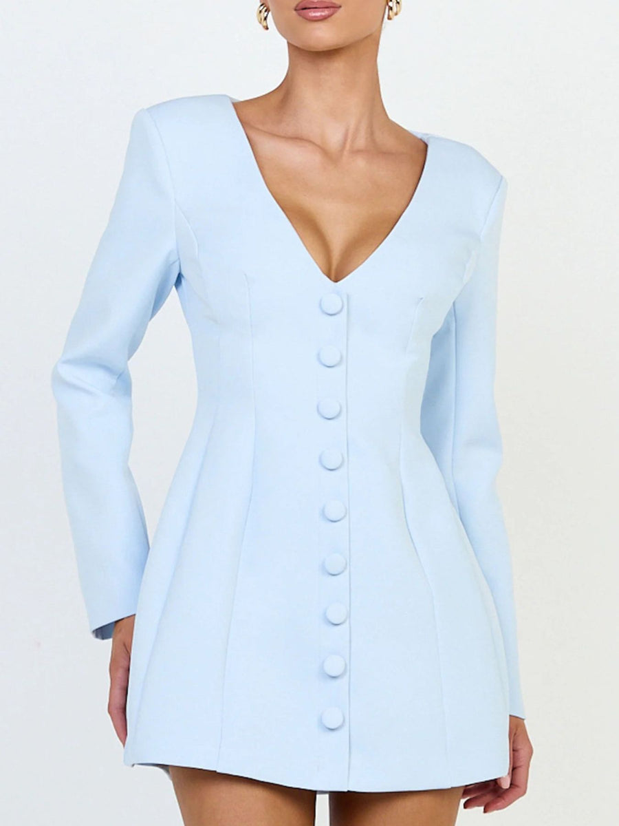 Deep V-Neck Button-Down Blazer Dress in Light Blue with buttoned