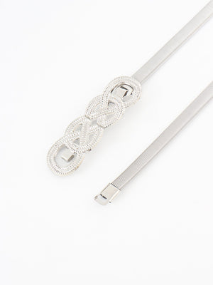 Silver elastic waist belt with intertwined knot detail and metal clasp.