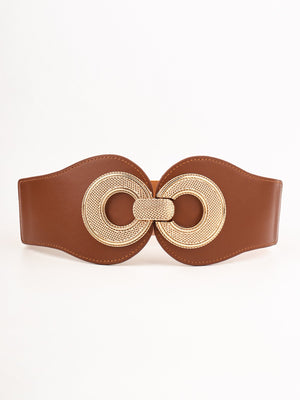 Caramel elastic belt with sculpted gold metalwork buckle detail