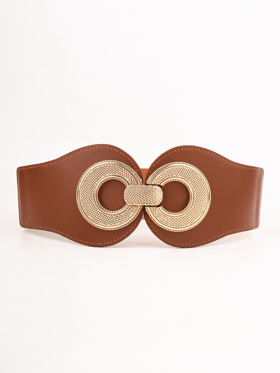 Caramel elastic belt with sculpted gold metalwork buckle detail