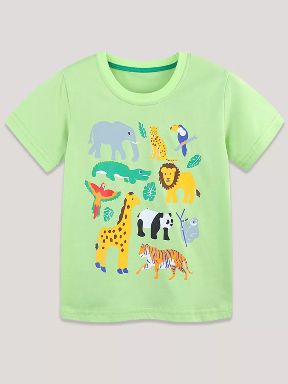 Light green cotton crew neck t-shirt with a playful all-over animal print featuring elephants, giraffes, tigers, and more.
