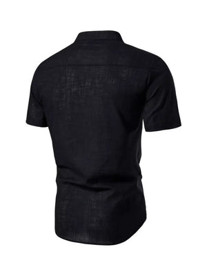 Black cotton men's short sleeve shirt with mandarin collar and curved hem