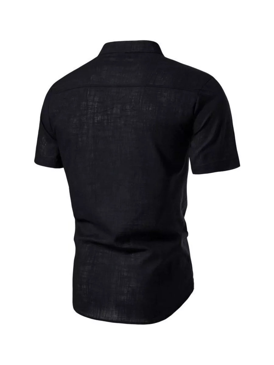 Black cotton men's short sleeve shirt with mandarin collar and curved hem