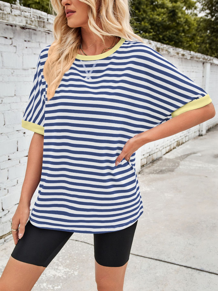 Striped Breton tee with royal blue and white stripes and lemon yellow trim.