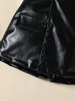 Black faux leather girls' bikini bottoms with decorative button detail.