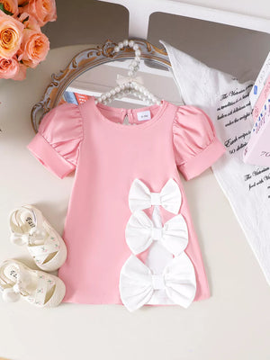 Pink Children's Bow Puff Sleeve Dress