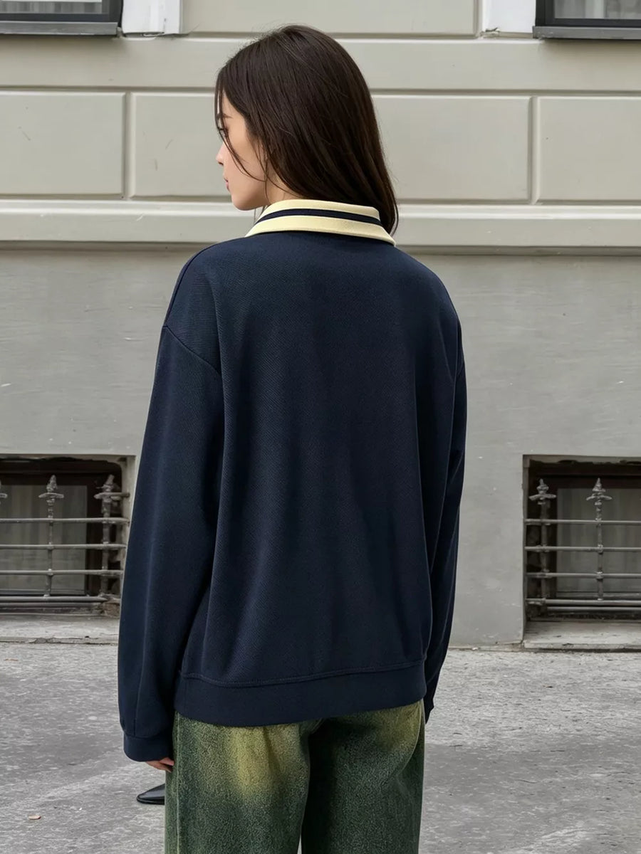 Dark Blue with Graphic Sweatshirt With Striped Collar in Dark Blue