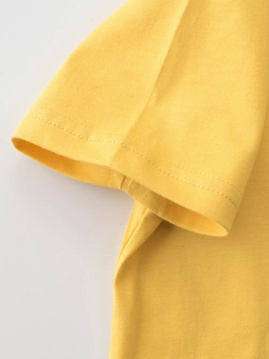 Yellow t-shirt with short sleeves and a classic crew neck.