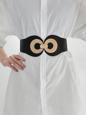 Black elastic waist cincher belt with gold interlocking circle buckle detail