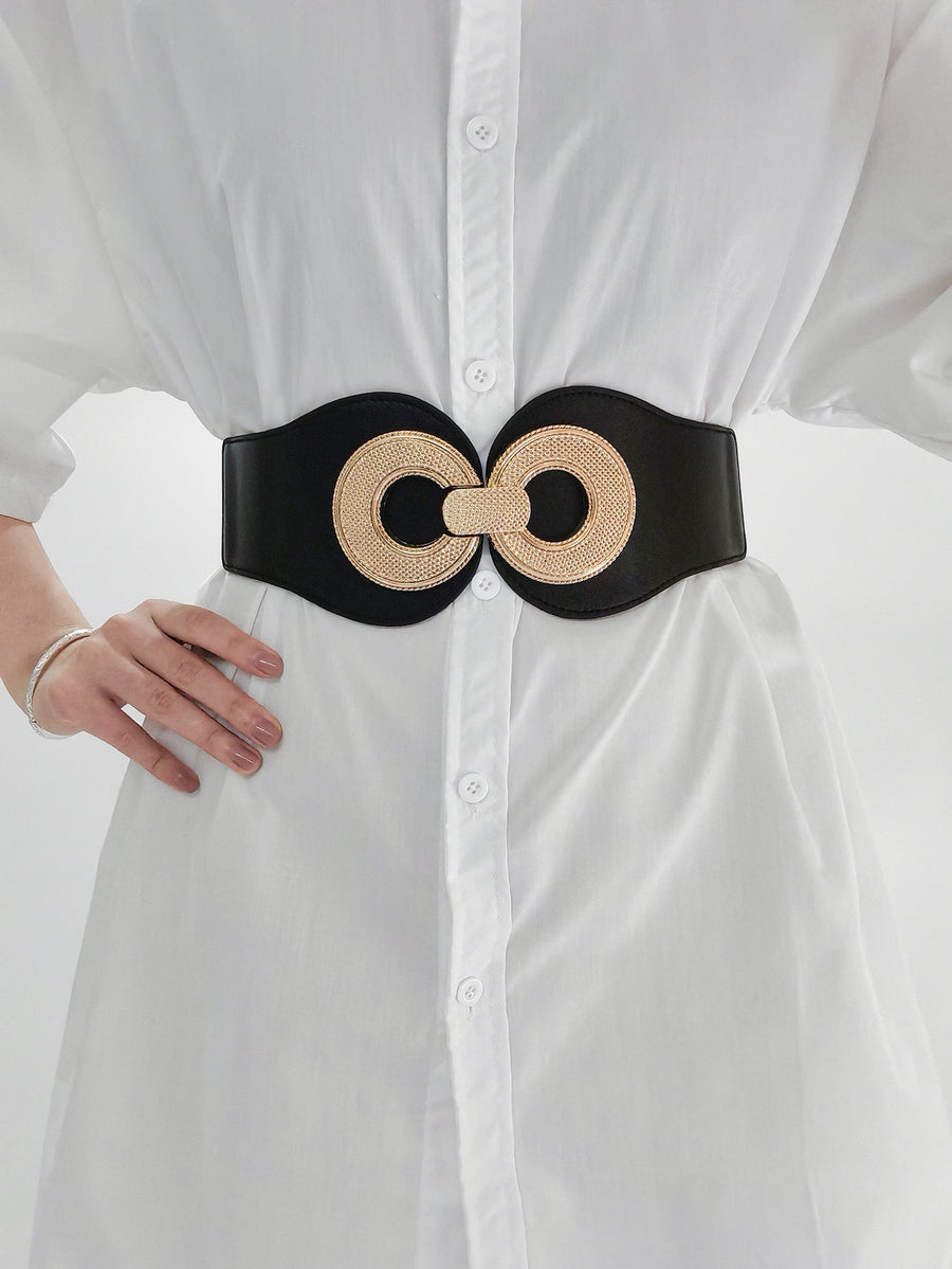 Black elastic waist cincher belt with gold interlocking circle buckle detail