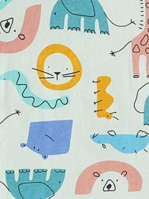 Cotton pajama fabric with a colorful cartoon animal print featuring elephants, lions, giraffes, and bears.