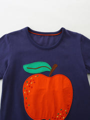 Navy cotton toddler t-shirt with a cheerful orange apple appliqué and green leaf.