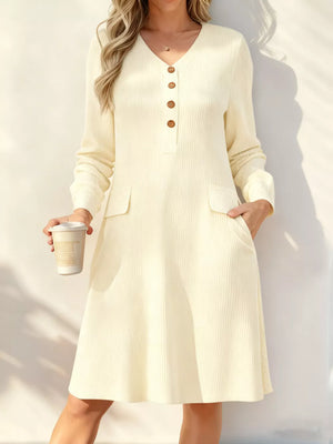 White Full Size Ribbed Knit V-neck Dress Plus Size