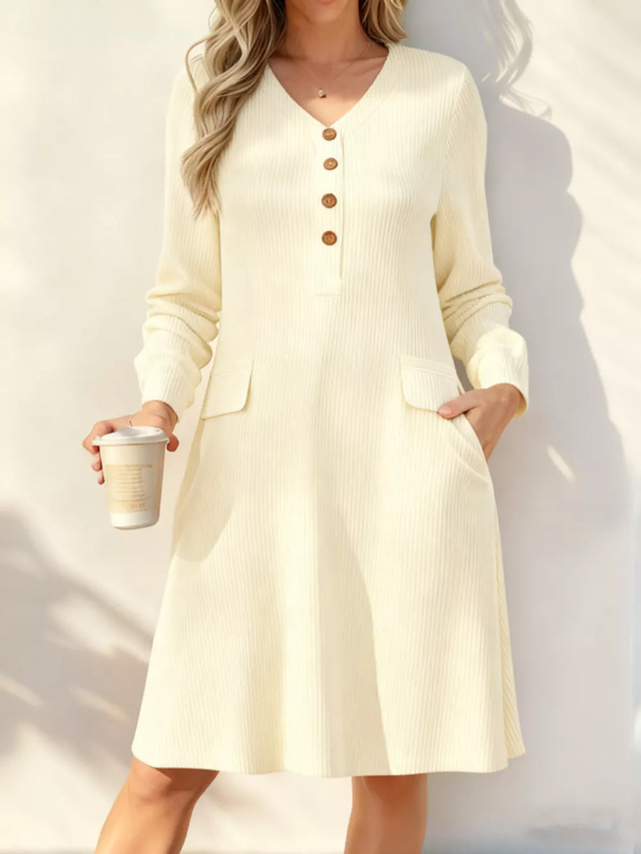 White Full Size Ribbed Knit V-neck Dress Plus Size