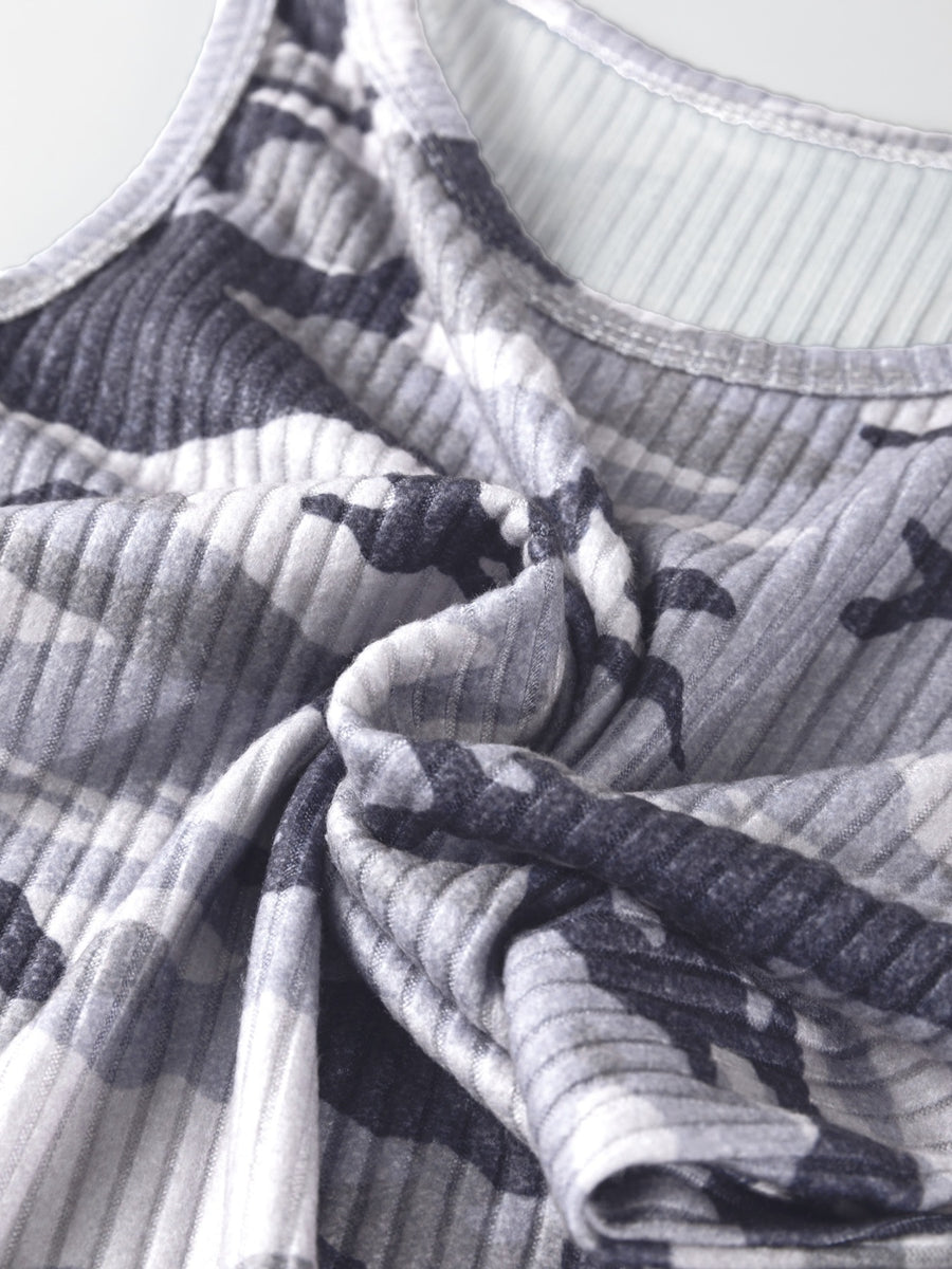 Gray ribbed knit camouflage tank top with scoop neck.