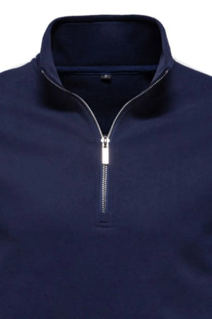 Navy quarter-zip sweatshirt with a silver zipper and a stand-up collar.