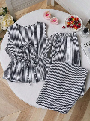 Royal Blue Striped Tie-front Sleeveless Top And Pants Set