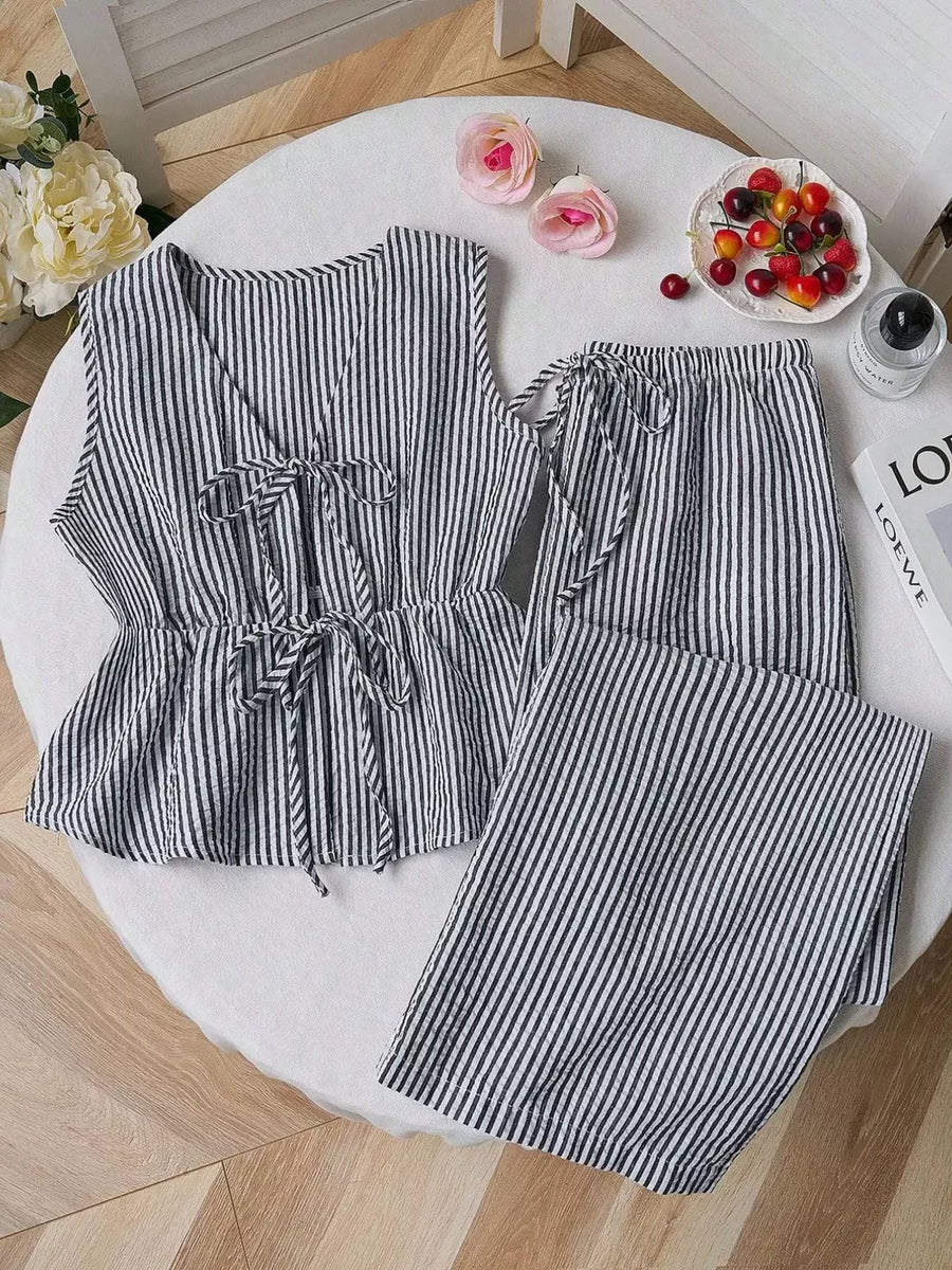 Royal Blue Striped Tie-front Sleeveless Top And Pants Set
