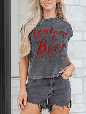 Acid-washed dark gray cotton tank top with red Cowboys & Beer graphic.