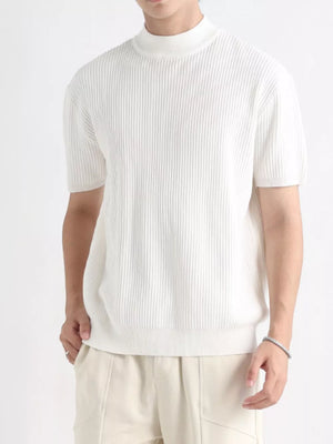 Men's white ribbed knit mock neck short sleeve t-shirt