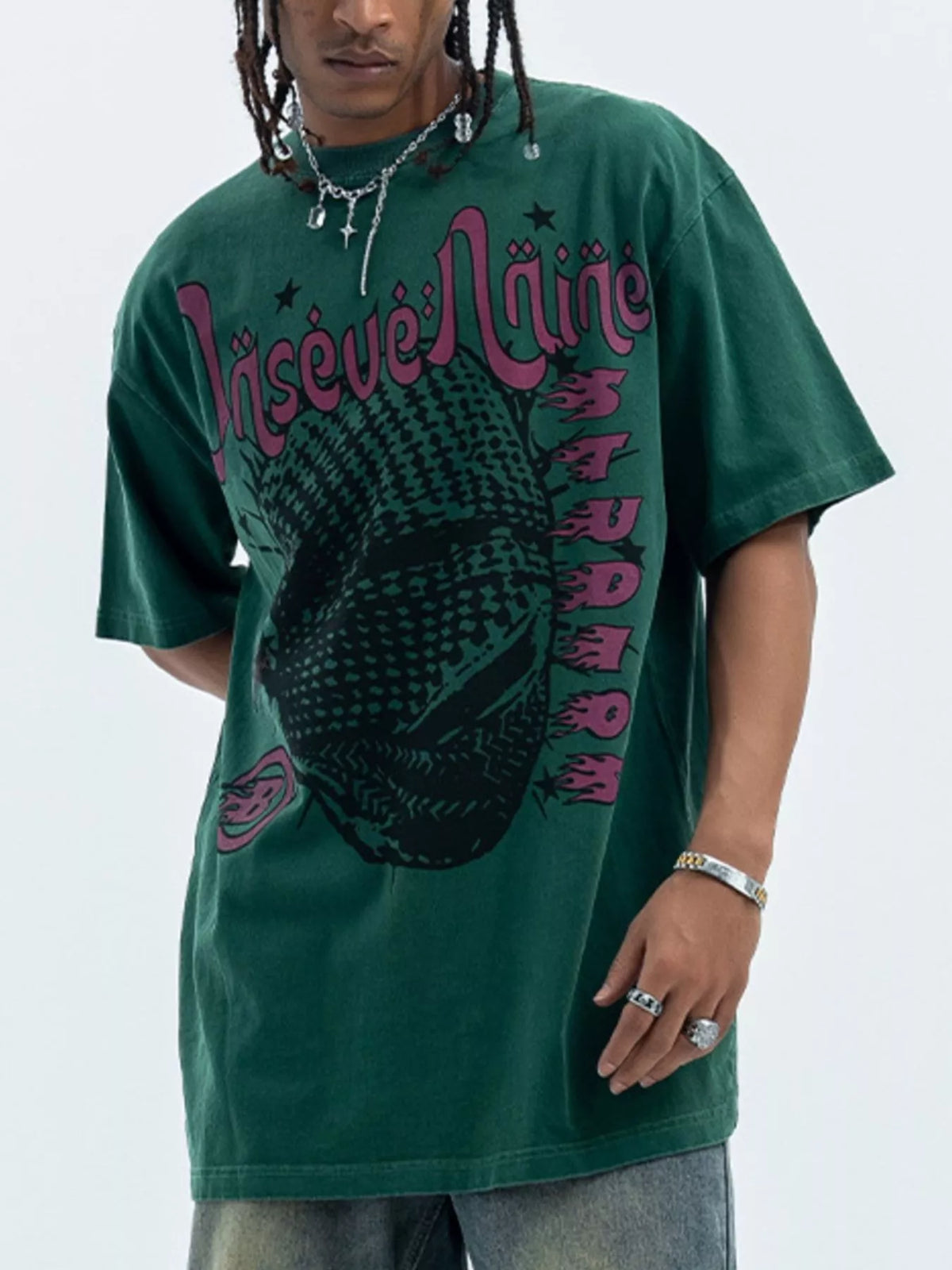 Green oversized half sleeve cotton tee with graphic print and distressed details