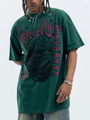Green oversized half sleeve cotton tee with graphic print and distressed details