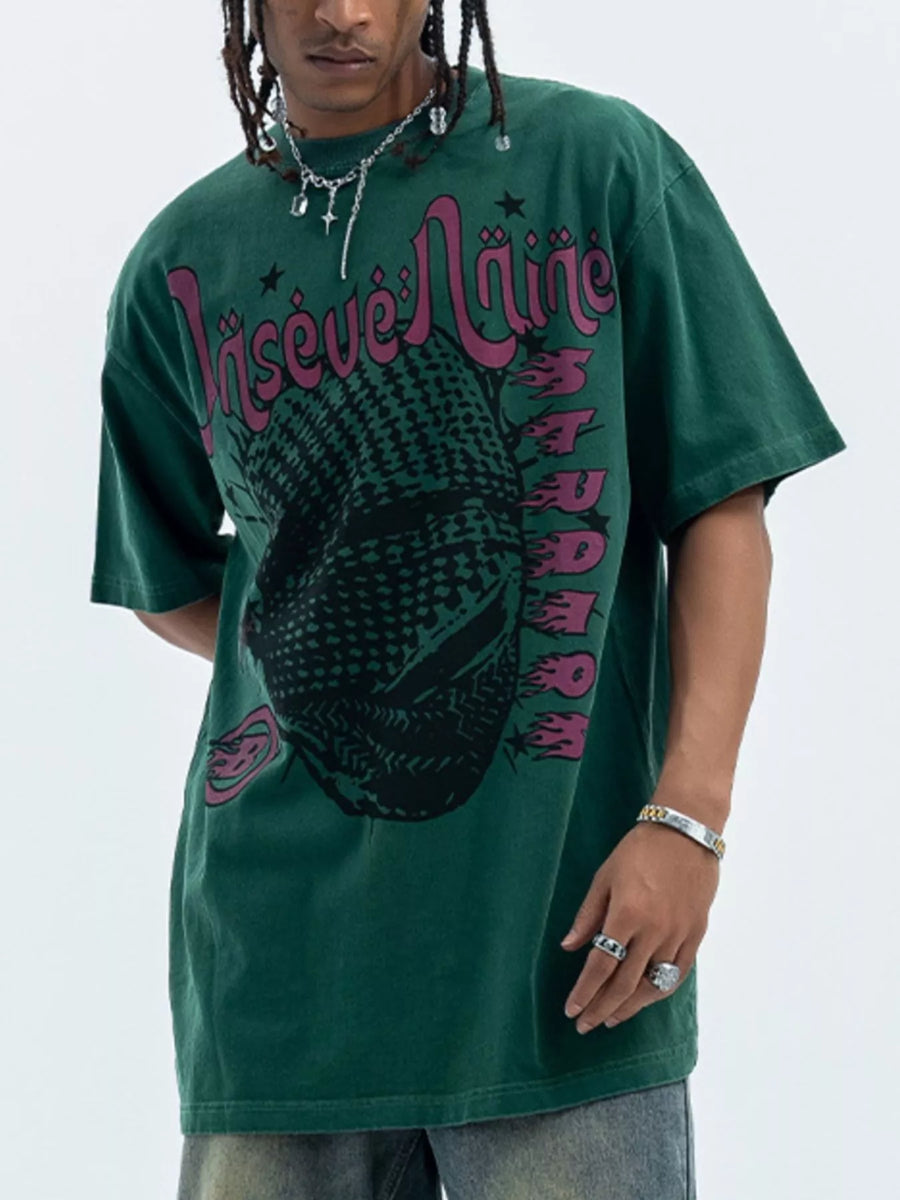 Green oversized half sleeve cotton tee with graphic print and distressed details