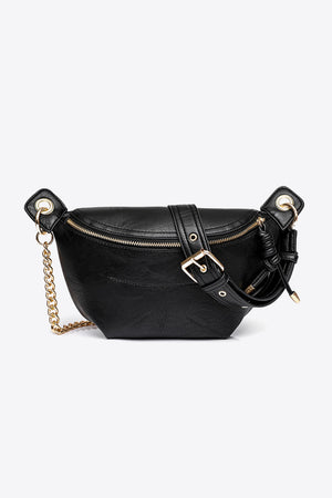Black crescent chain bag with gold buckle and chain strap