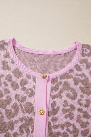Pink leopard print acrylic blend button front cardigan with gold buttons