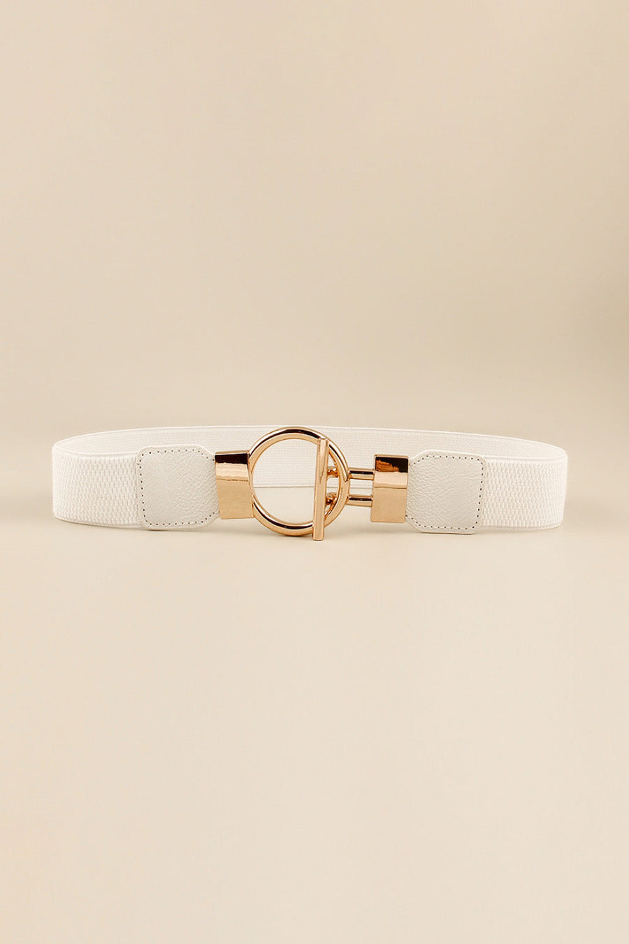 White elastic belt with gold ring buckle and toggle closure