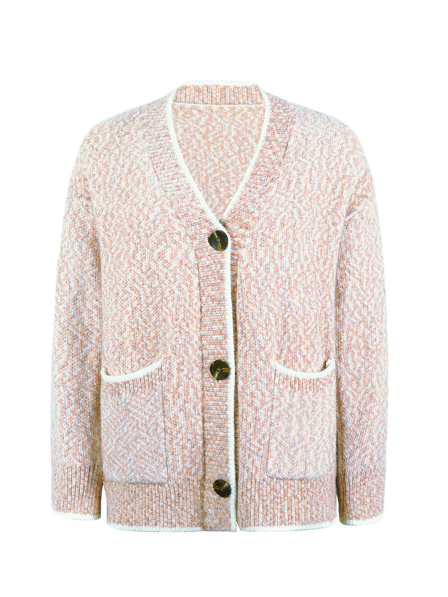 Blush pink textured knit cardigan with contrast trim and buttons