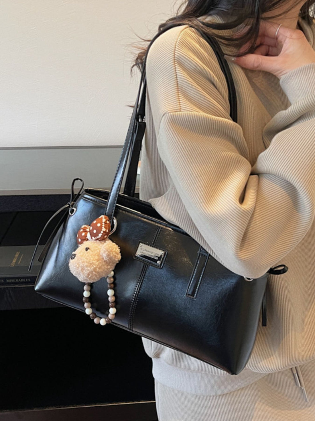 Medium Black PU Leather Shoulder Bag in black with shoulder strap