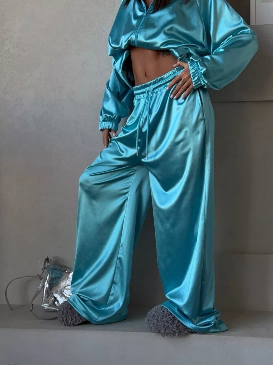Zip Up Raglan Sleeve Jacket And Pants Set in Sky Blue