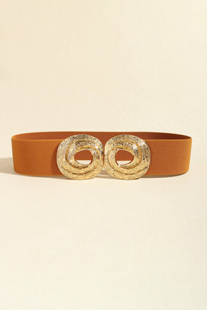 Caramel elastic belt with a double sculptural gold-tone alloy buckle.