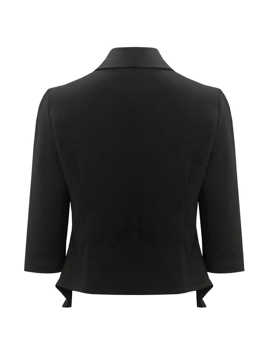 Black blazer with 3/4 sleeves and a sculpted, draped hemline.