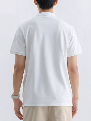 Men's white cotton t-shirt with short sleeves and a Mandarin collar, shown from the back.