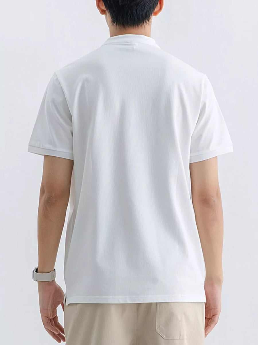 Men's white cotton t-shirt with short sleeves and a Mandarin collar, shown from the back.