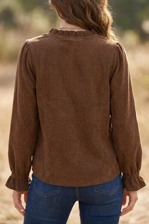 Solid Color Ruffle Trim V Neck Corduroy Jacket option 4