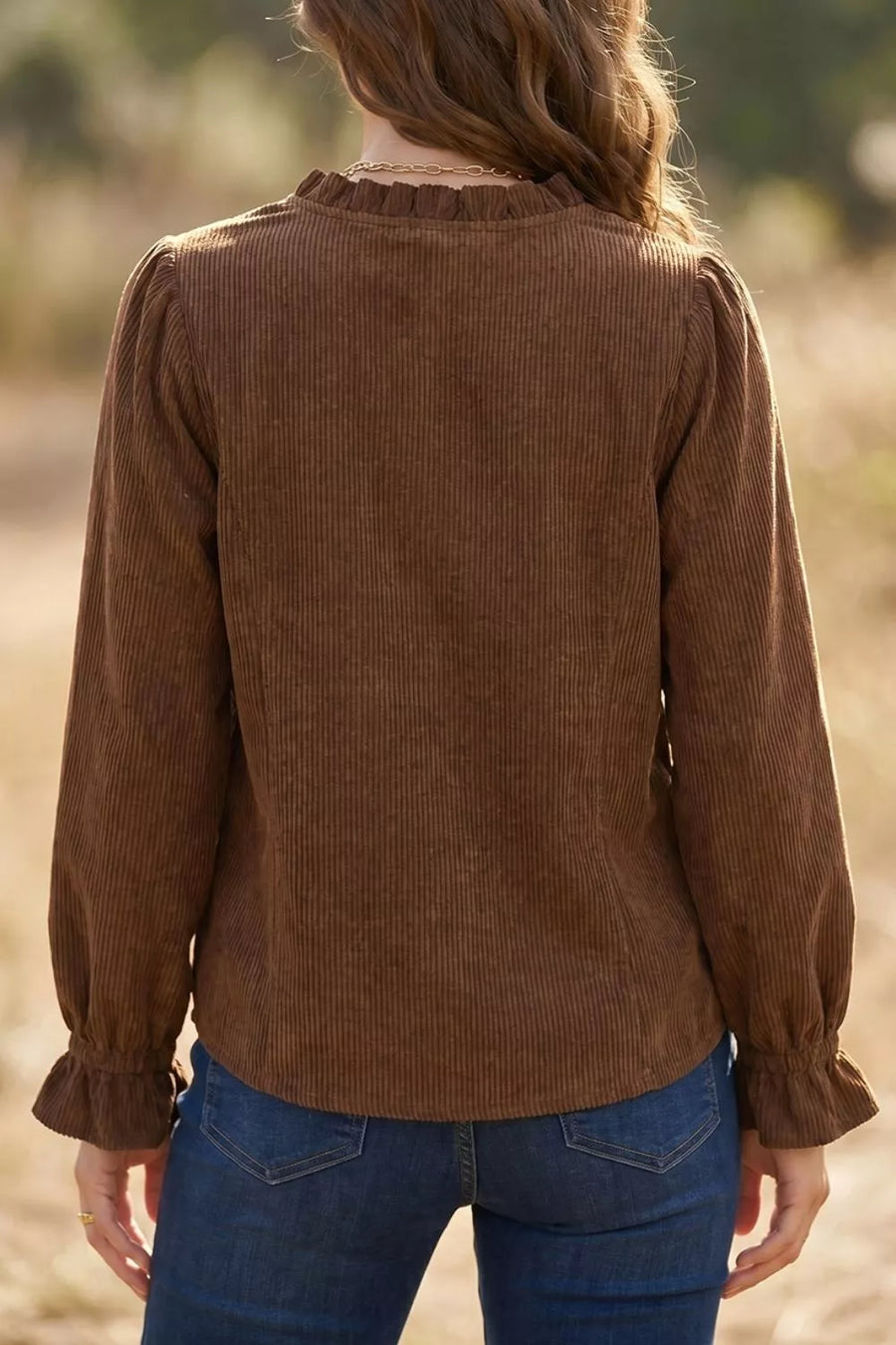 Solid Color Ruffle Trim V Neck Corduroy Jacket option 4