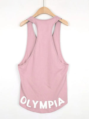 Olympia Racerback Tank top in Dusty Pink with white lettering, racerback, and curved hem.